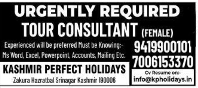 KASHMIR PERFECT HOLIDAYS REQUIRED TOUR CONSULTANT 2024