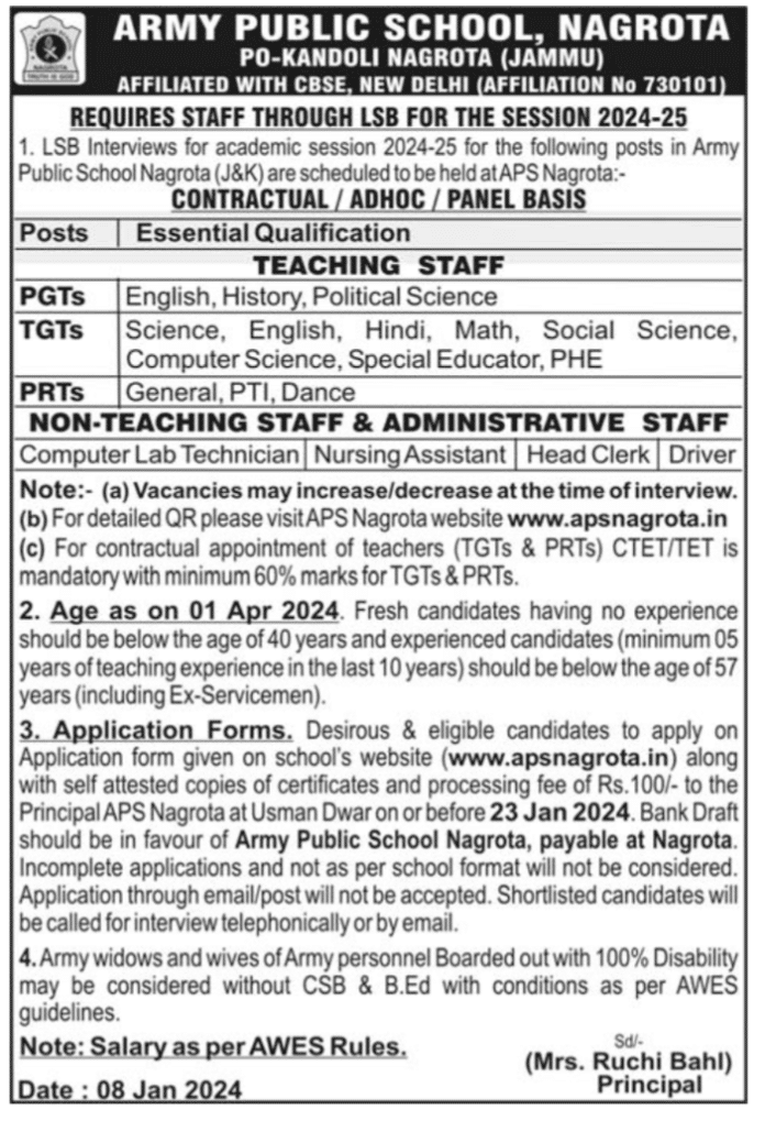 ARMY PUBLIC SCHOOL, NAGROTA JOB VACANCIES 2024