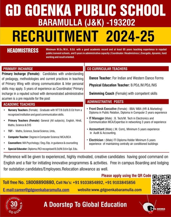 GD GOENKA PUBLIC SCHOOL BARAMULLA RECRUITMENT 2024-25