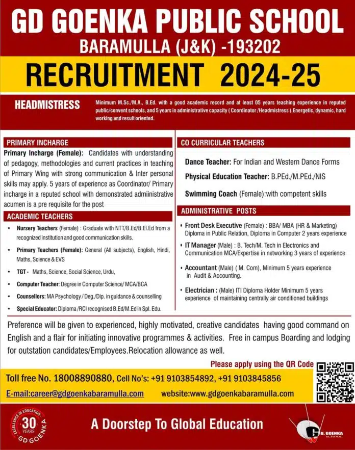 GD GOENKA PUBLIC SCHOOL BARAMULLA RECRUITMENT 2024-25