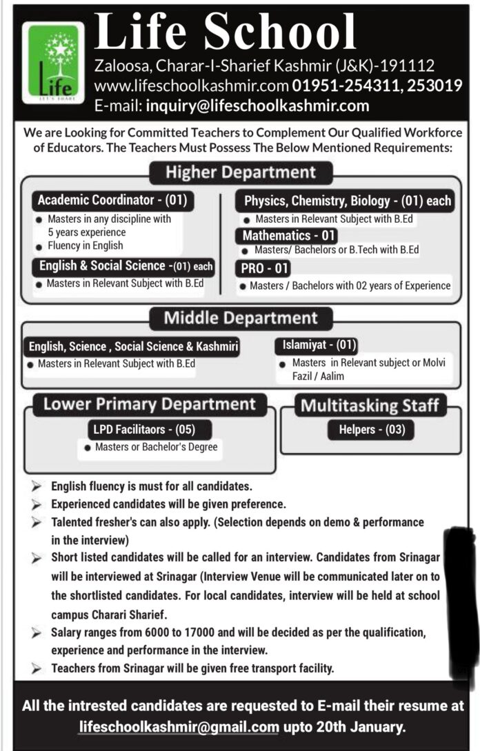 Life School Zaloosa, Charar-I-Sharief Kashmir Job Vacancies