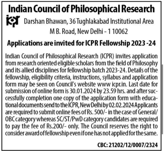 Indian Council of Philosophical Research Applications are invited for ICPR Fellowship 2023-24