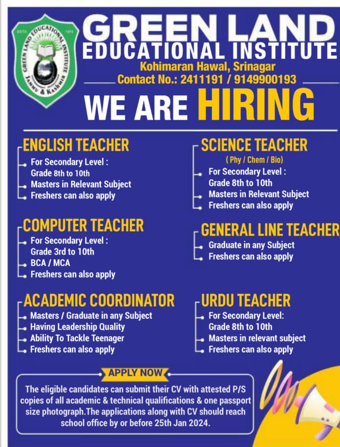 GREEN LAND EDUCATIONAL INSTITUTE HAWAL JOBS ADVERTISEMENT 2024