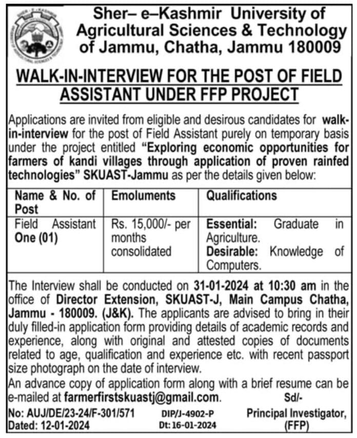 SKUAST WALK-IN-INTERVIEW FOR THE POST OF FIELD ASSISTANT UNDER FFP PROJECT 2024