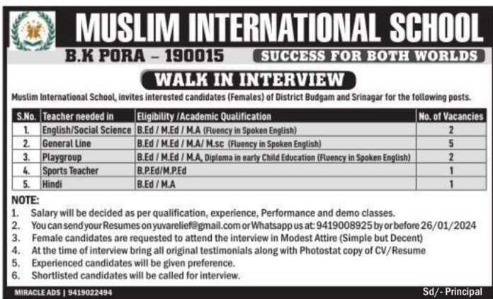 MUSLIM INTERNATIONAL SCHOOL B K PORA JOB VACANCIES 2024