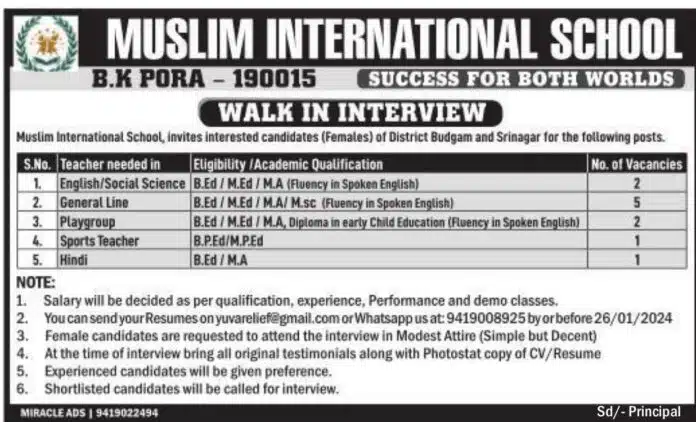 MUSLIM INTERNATIONAL SCHOOL B K PORA JOB VACANCIES 2024