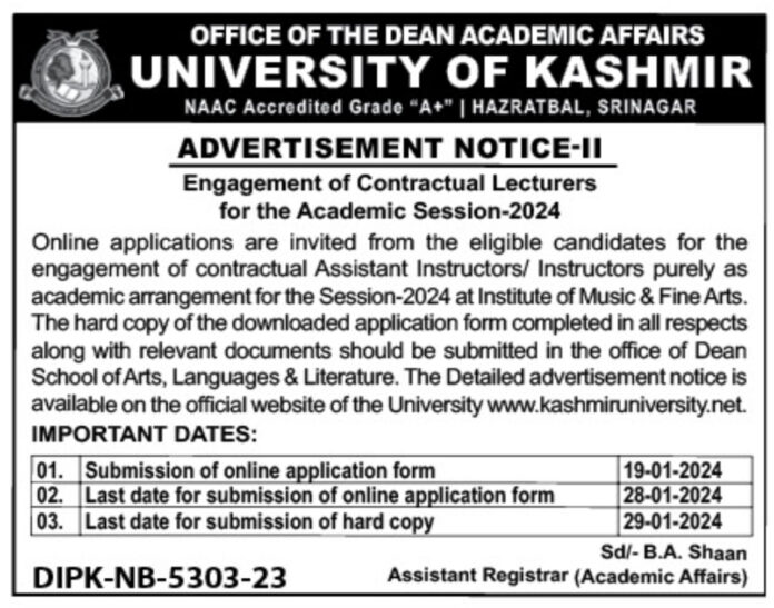 University of Kashmir Engagement of Contractual Lecturers for the Academic Session-2024
