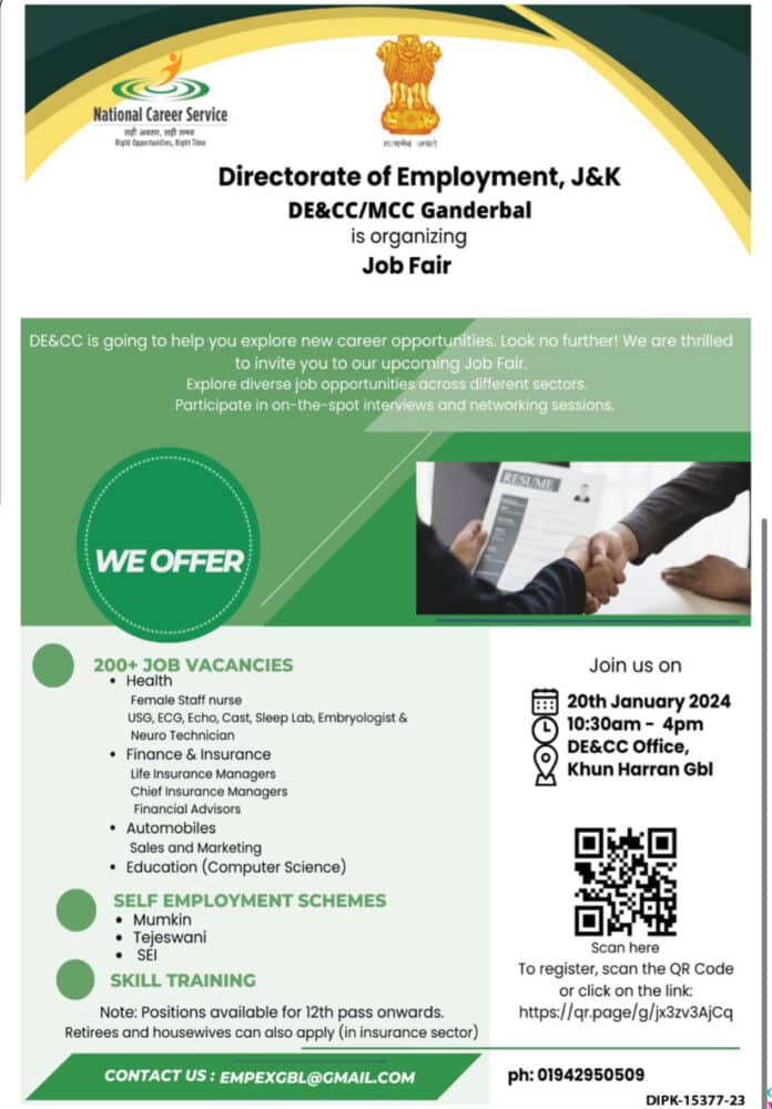 Directorate of Employment, J&K Ganderbal Job Fair 2024