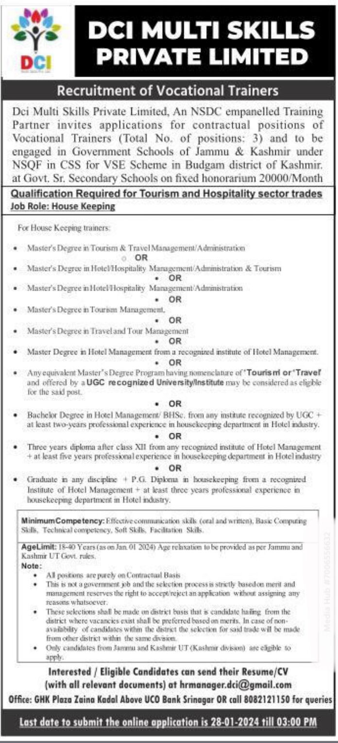 DCI MULTI SKILLS RECRUITMENT OF VOCATIONAL TRAINERS 2024