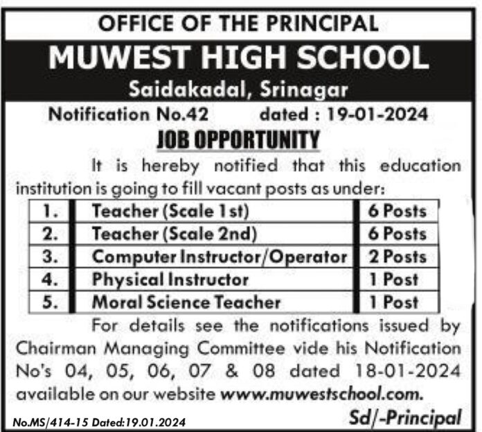 MUWEST HIGH SCHOOL SAIDAKADAL SRINAGAR JOB VACANCIES