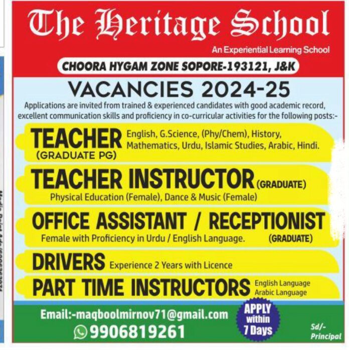 The Heritage School Sopore Job Vacancies 2024