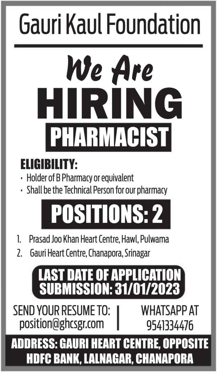 Gauri Kaul Foundation Pharmacist Jobs 2024