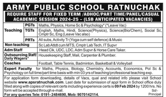 ARMY PUBLIC SCHOOL RATNUCHAK REQUIRE STAFF 2024