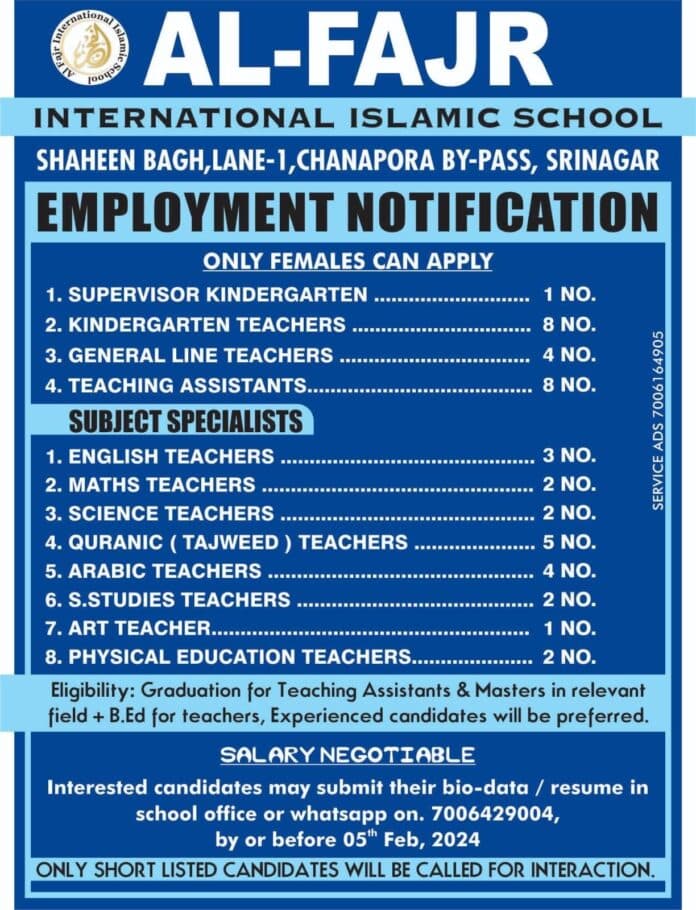 AL-FAJR INTERNATIONAL ISLAMIC SCHOOL SRINAGAR EMPLOYMENT NOTIFICATION 2024