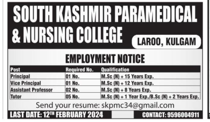 SOUTH KASHMIR PARAMEDICAL & NURSING COLLEGE KULGAM EMPLOYMENT NOTICE 2024