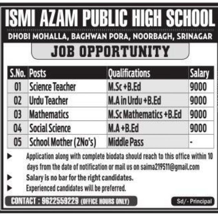 ISMI AZAM PUBLIC HIGH SCHOOL SRINAGAR JOB ADVERTISEMENT 2024