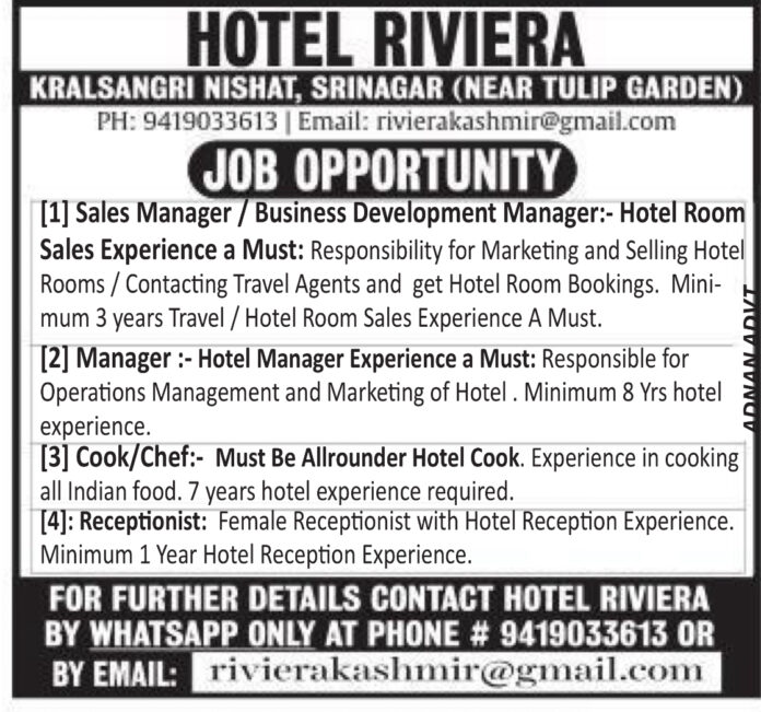 HOTEL RIVIERA SRINAGAR JOBS 2023