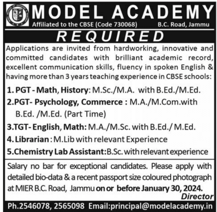 MODEL ACADEMY JAMMU JOB ADVERTISEMENT 2024