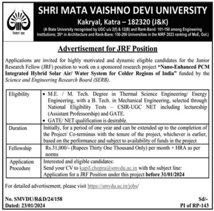 SHRI MATA VAISHNO DEVI UNIVERSITY Advertisement for JRF Position 2024