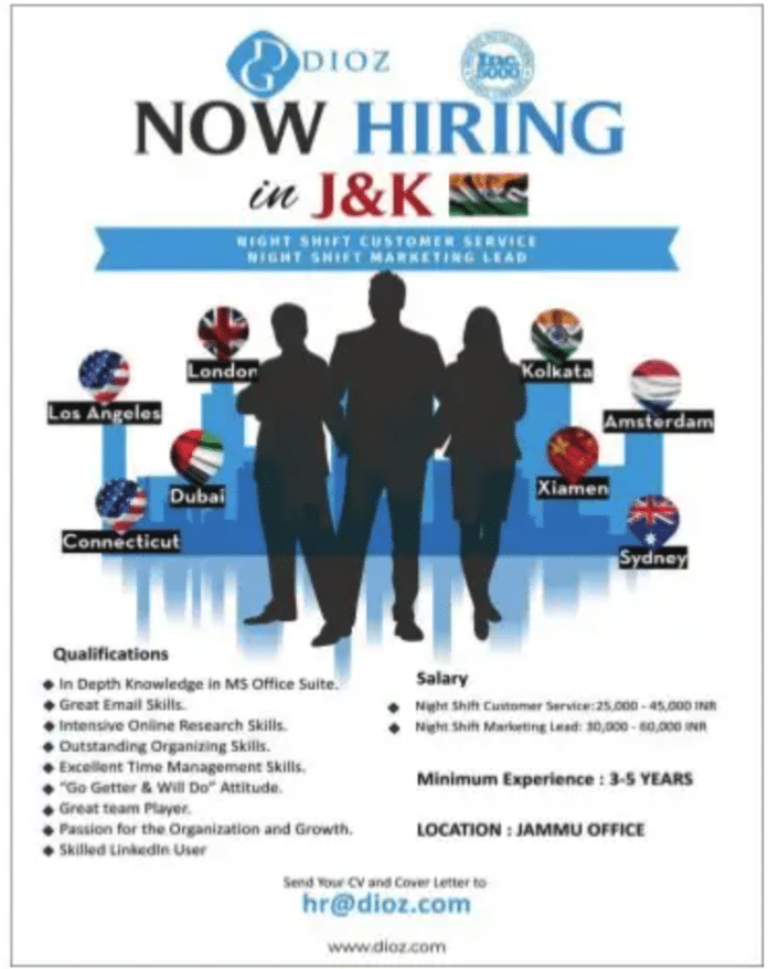 DIOZ JAMMU HIRING CUSTOMER SERVICE 2024