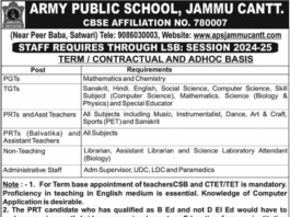 ARMY PUBLIC SCHOOL, JAMMU CANTT. JOB VACANCIES 2024