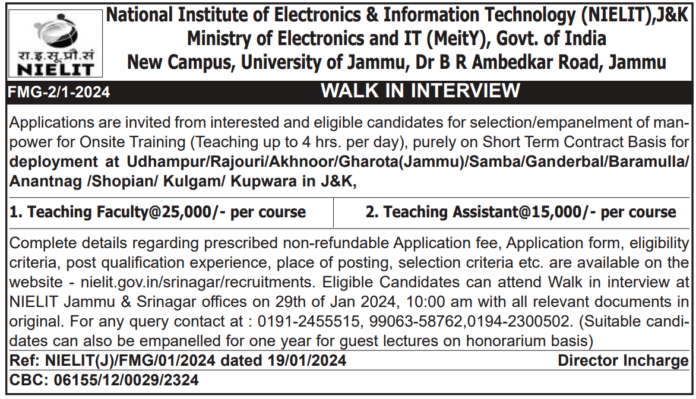 National Institute of Electronics & Information Technology (NIELIT),J&K WALK IN INTERVIEW