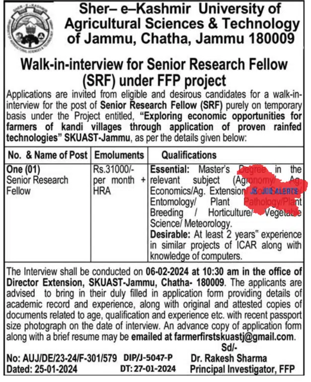 Sher-e-Kashmir University of Agricultural Sciences & Technology of Jammu Walk-in-interview for Senior Research Fellow 2024