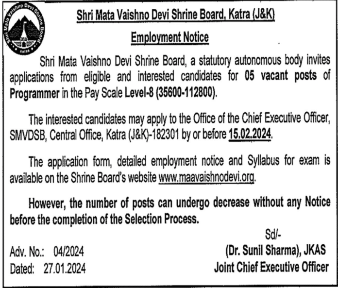 Shri Mata Vaishno Devi Shrine Board, Katra Employment Notice 2024