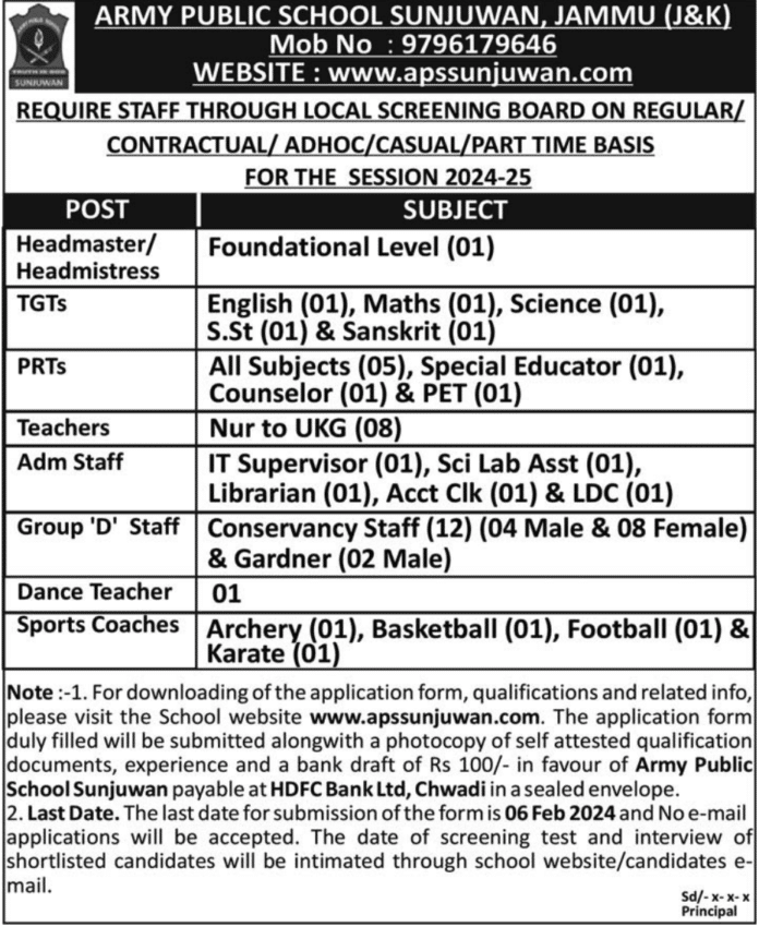 ARMY PUBLIC SCHOOL SUNJUWAN, JAMMU JOB ADVERTISEMENT 2024