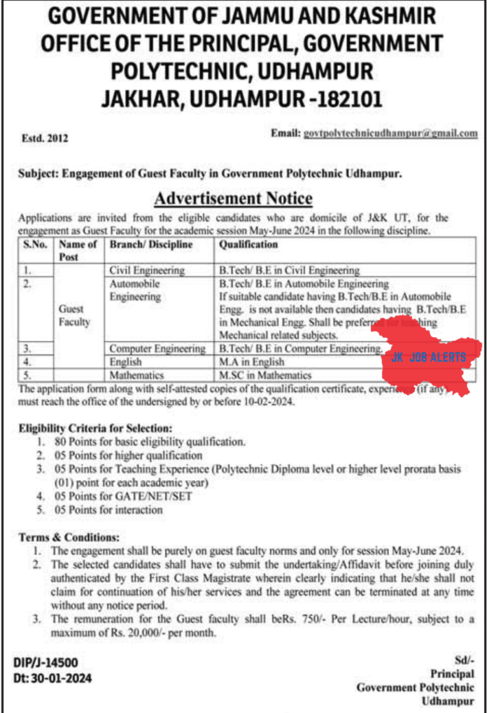 GOVERNMENT POLYTECHNIC, UDHAMPUR ADVERTISEMENT NOTICE 2024