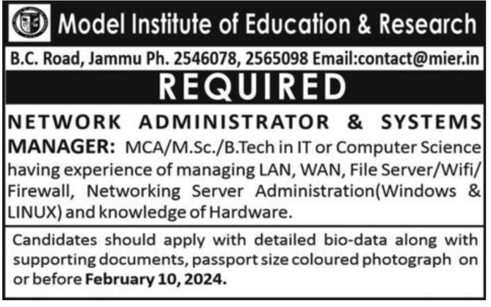 Model Institute of Education & Research Jammu Jobs Vacanies 2024