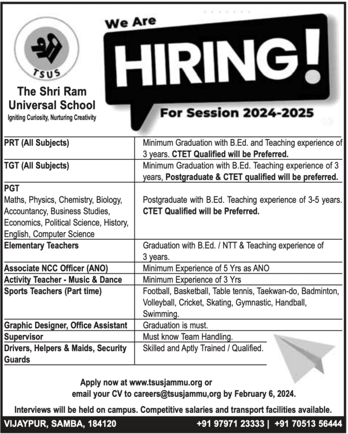 The Shri Ram Universal School Jammu Job Advertisement 2024