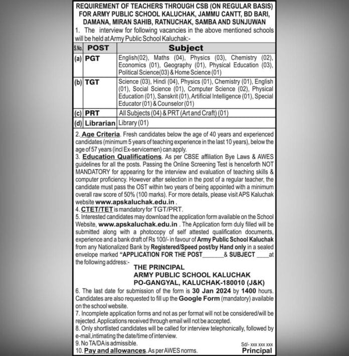 ARMY PUBLIC SCHOOL KALUCHAK, JAMMU REQUIREMENT OF TEACHERS THROUGH CSB (ON REGULAR BASIS) 2024