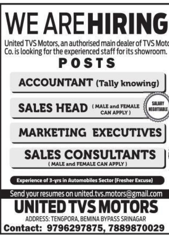 United TVS Motors Srinagar Job Vacancies 2024