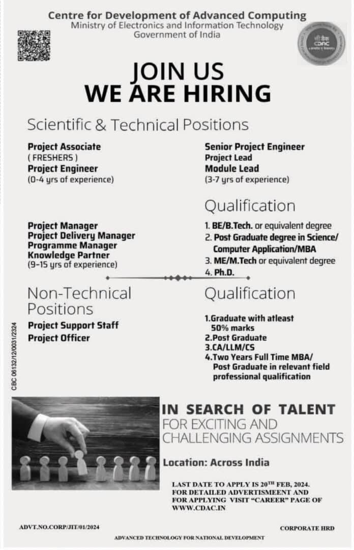 Centre for Development of Advanced Computing Job Vacancies 2024