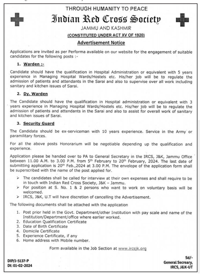 Indian Red Cross Society JK Job Advertisement Notice 2024