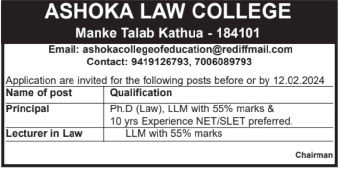 ASHOKA LAW COLLEGE JOB VACANCIES 2024