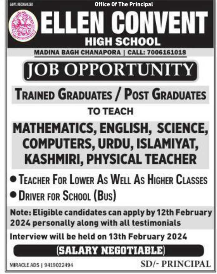 ELLEN CONVENT HIGH SCHOOL SRINAGAR JOBS 2024