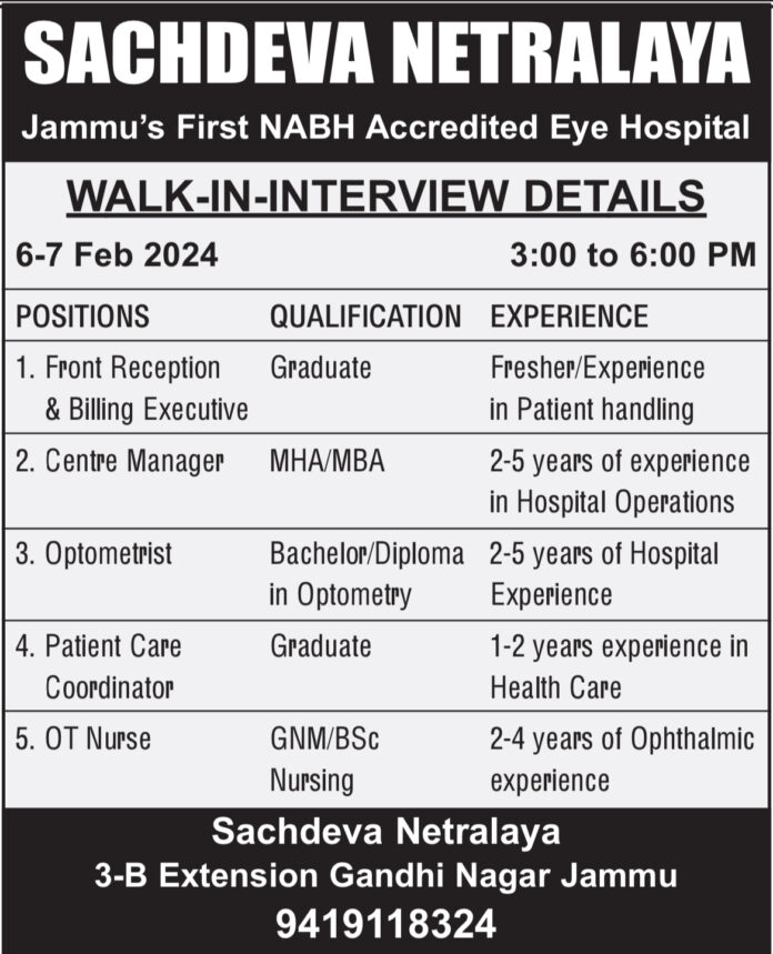 SACHDEVA NETRALAYA HOSPITAL JAMMU JOB VACANCIES 2024