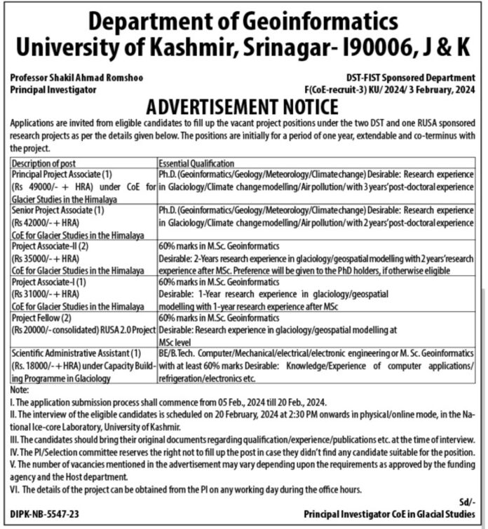 Department of Geoinformatics University of Kashmir Advertisements Notification