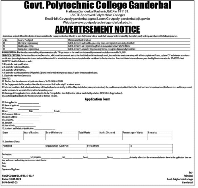 Govt. Polytechnic College Ganderbal Advertisement Notice 2024