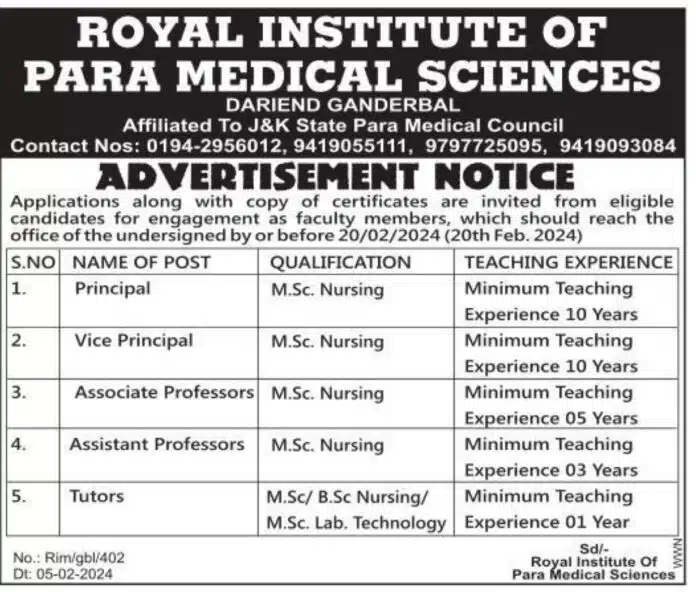 ROYAL INSTITUTE OF PARA MEDICAL SCIENCES GANDERBAL JOB VACANCIES 2024