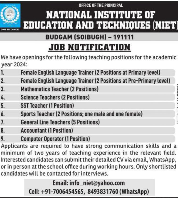 NATIONAL INSTITUTE OF EDUCATION AND TECHNIQUES (NIET) BUDGAM JOB NOTIFICATION 2023