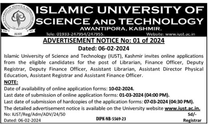 ISLAMIC UNIVERSITY OF SCIENCE AND TECHNOLOGY KASHMIR JOB ADVERTISEMENT 2024