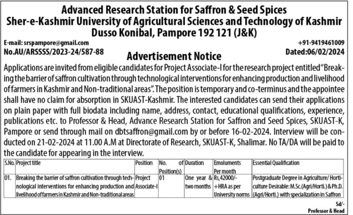 SKUAST KASHMIR Advanced Research Station for Saffron & Seed Spices ADVERTISEMENT NOTIFICATION 2024