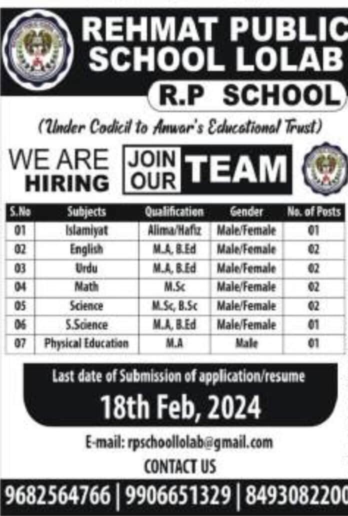 REHMAT PUBLIC SCHOOL LOLAB JOB ADVERTISEMENT 2024