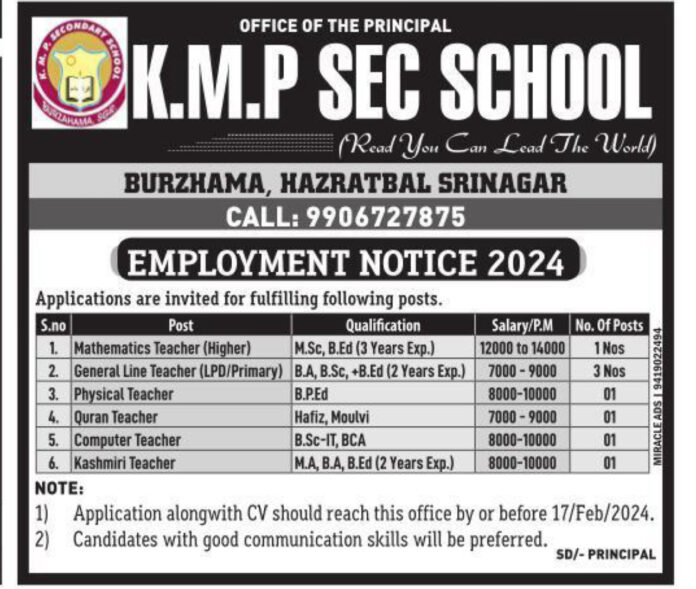 K.M.P SEC SCHOOL SRINAGAR JOB ADVERTISEMENT 2024