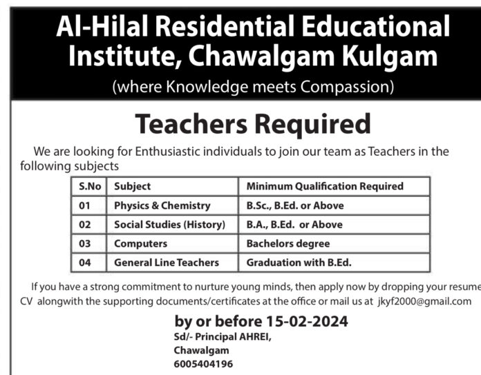 Al-Hilal Residential Educational Institute, Chawalgam Kulgam Teacher Required
