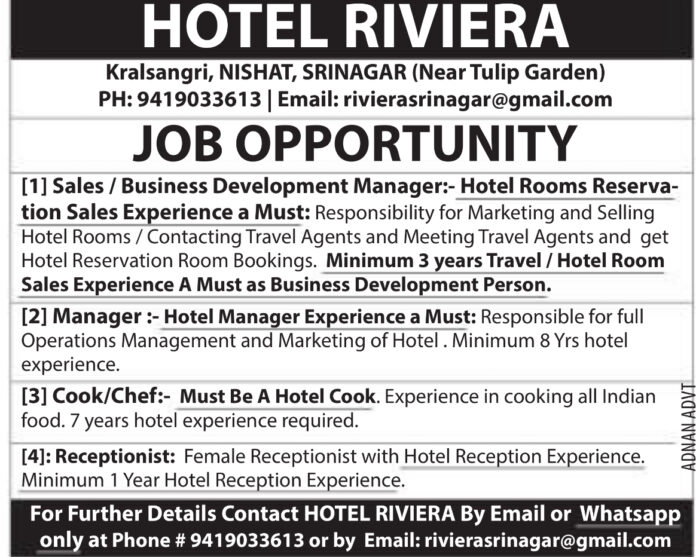 HOTEL RIVIERA SRINAGAR JOB OPPORTUNITY 2024
