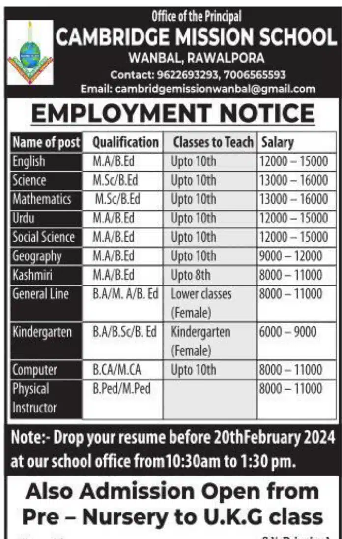 CAMBRIDGE MISSION SCHOOL SRINAGAR JOB ADVERTISEMENT 2024
